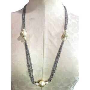 Talbots Chunky‎ Silvertone and Faux Pearl Beaded Necklace 29" Long